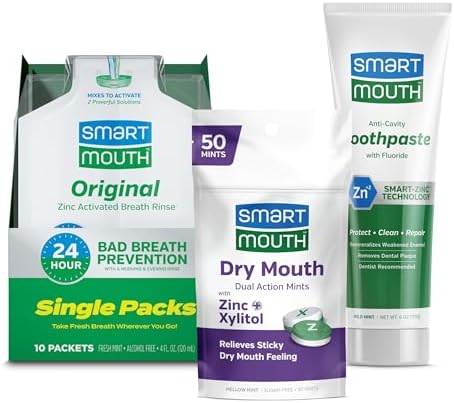 SmartMouth Package with Original Activated Mouthwash - 16 Fl Oz, Fresh Mint & Dry Mouth Dual-Action Mints - 50 Count, Mellow Mint & Premium Zinc Ion Toothpaste - 6 oz, Mild Mint