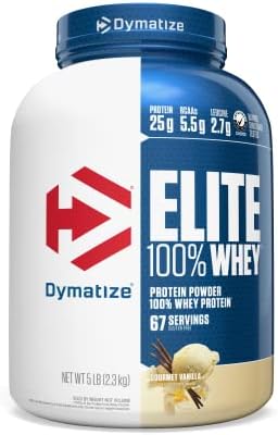 Dymatize Elite 100% Whey Protein Powder, 25g Protein, 5.5g BCAAs & 2.7g L-Leucine, Quick Absorbing & Fast Digesting for Optimal Muscle Recovery, Gourmet Vanilla, 5 Pound, 67 Servings