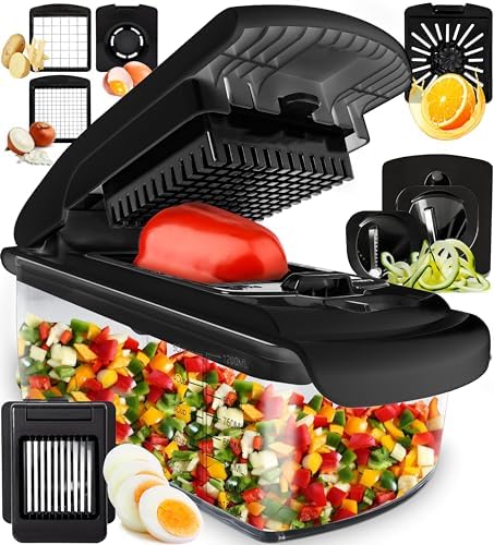 Fullstar Vegetable Chopper - Food Chopper - Onion Chopper - Vegetable Slicer & Spiralizer - Veggie Chopper with Container - Kitchen Gadgets - Home Essentials - Kitchen Accessories (8 in 1, Black)