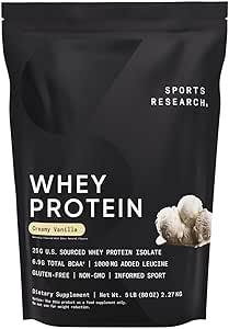 Sports Research Whey Protein - Whey Isolate Protein Powder for Lean Muscle Building &amp; Workout Recovery - 5 lb Bag Bulk Protein 6.9g BCAA + 25g per Serving - Creamy Vanilla, 63 Servings