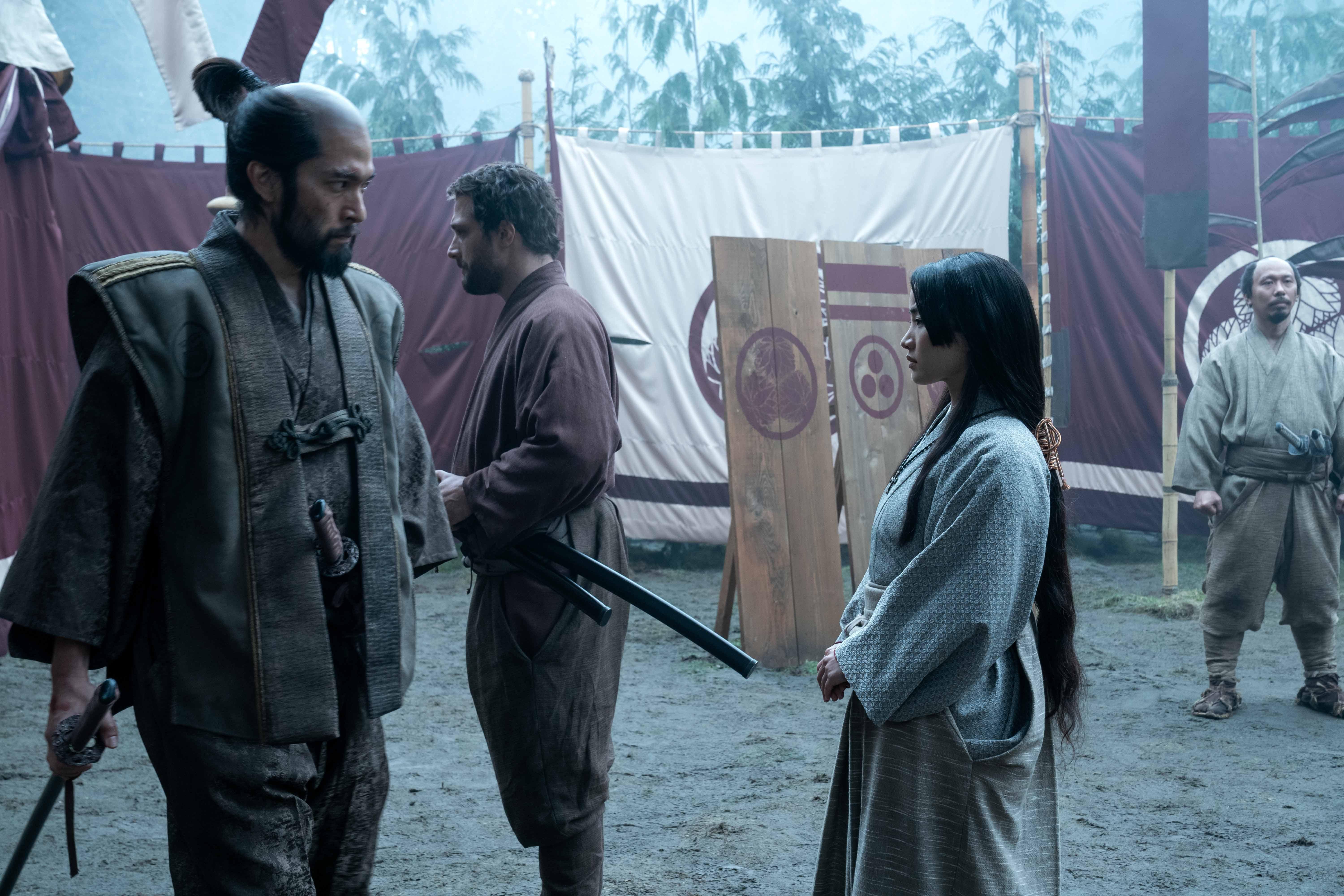 Shinnosuke Abe, Anna Sawai, and Cosmo Jarvis in Shōgun (2024)