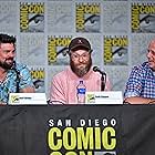 Eric Kripke, Seth Rogen, and Karl Urban at an event for The Boys (2019)