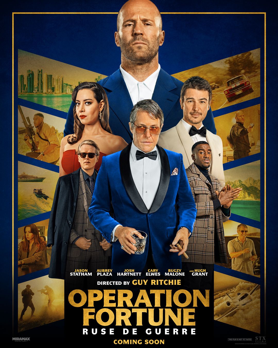 Cary Elwes, Hugh Grant, Josh Hartnett, Jason Statham, Bugzy Malone, and Aubrey Plaza in Operation Fortune: Ruse de Guerre (2023)