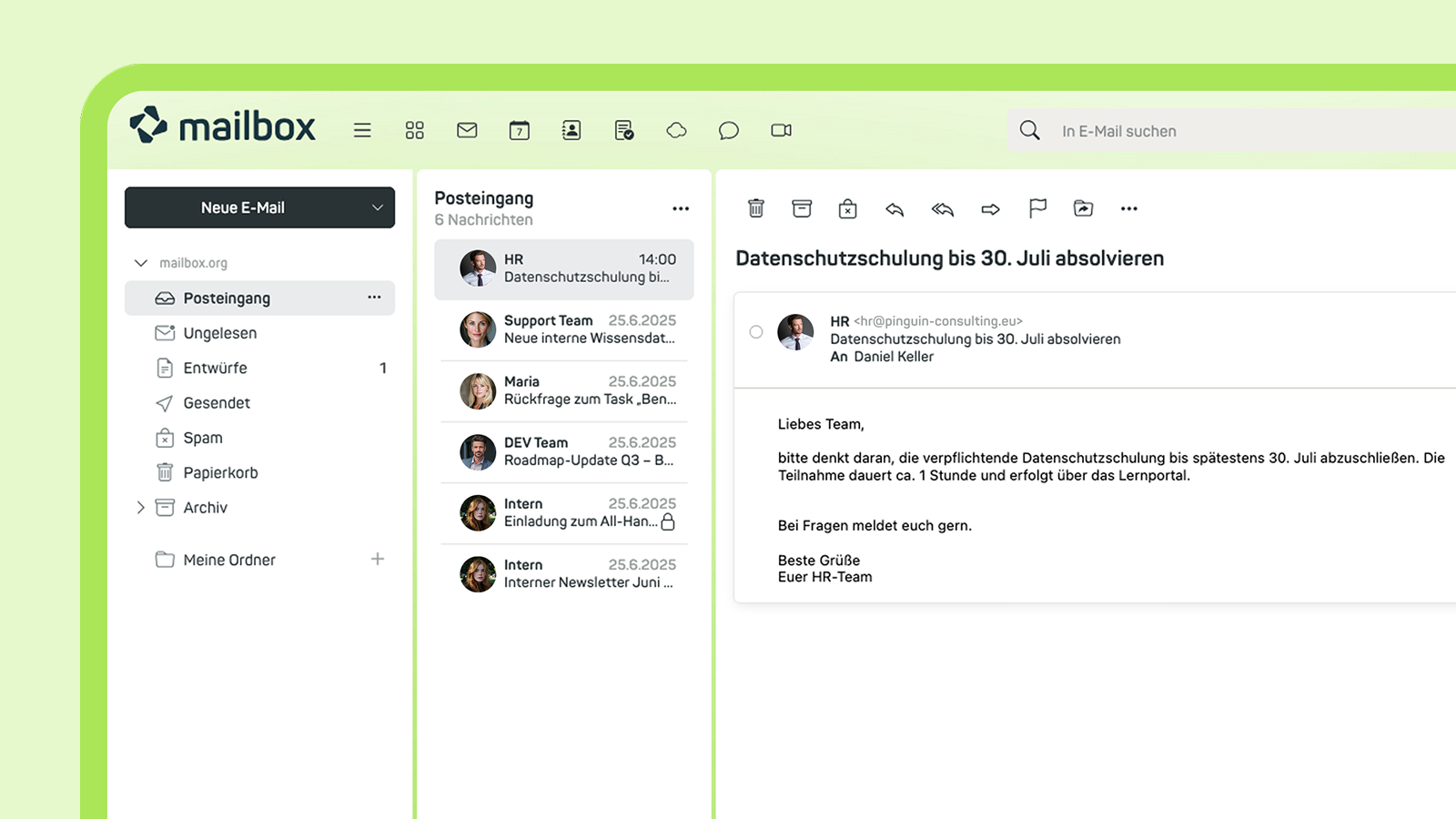 mailbox Mail: Übersicht des Posteingangs