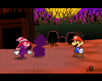 Doopliss (disguised as Mario) and Mario (in shadow) confronting, Vivian aside in Paper Mario: The Thousand-Year Door