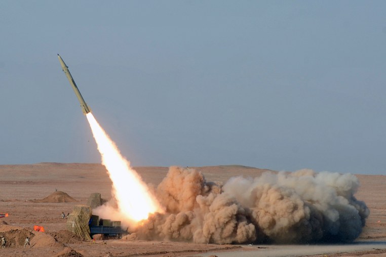 An Iranian short-range Fateh missile is launched in Iran's Kavir Desert in 2012 in a photo obtained from Iran's ISNA news agency.