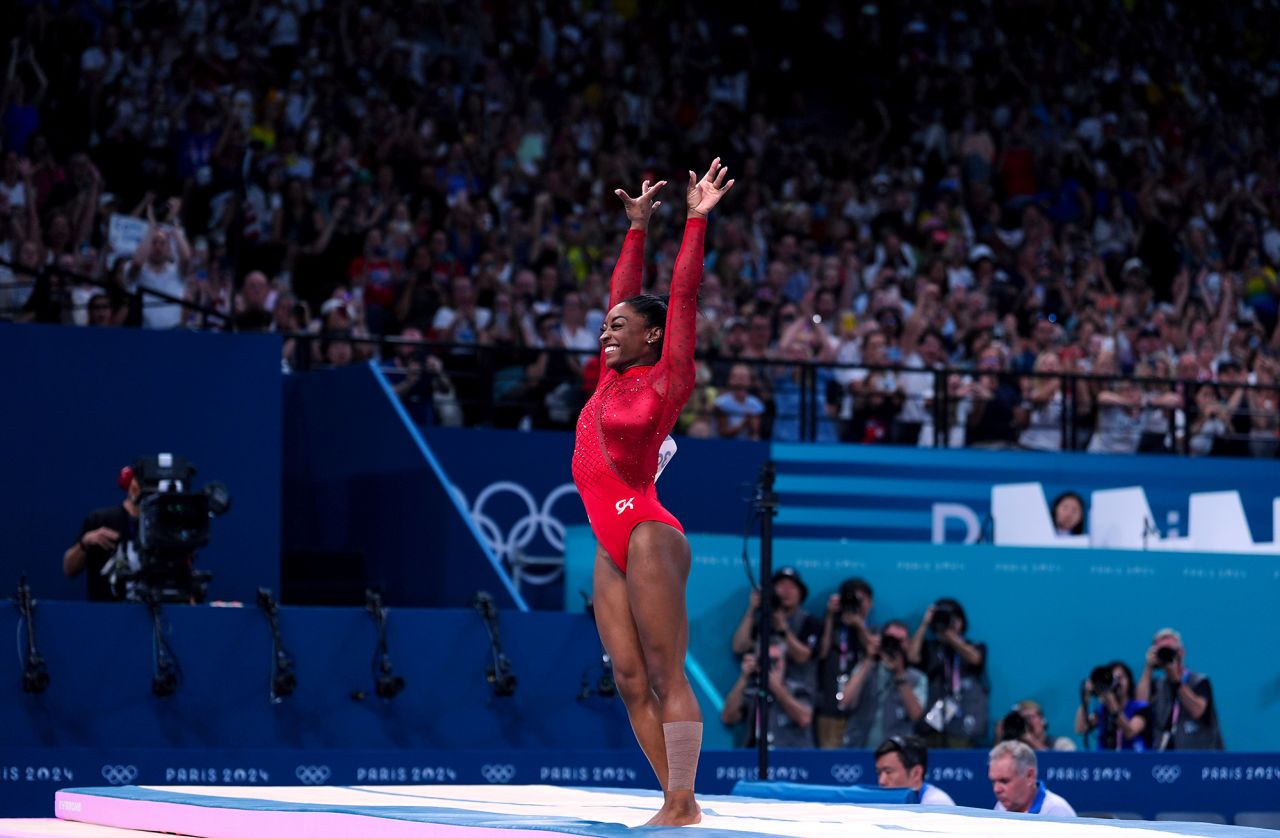 Simone Biles lands during the vault final on Saturday. 