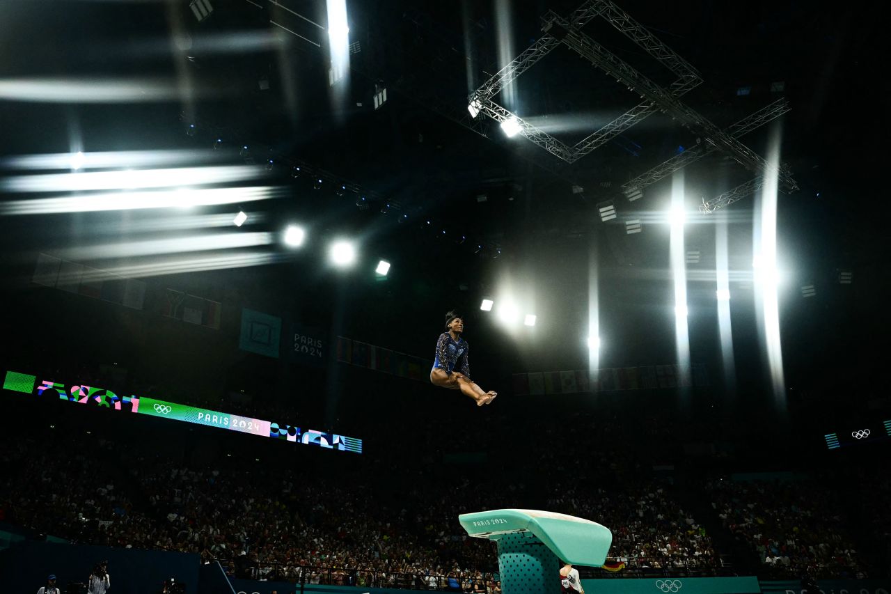 American gymnast Simone Biles competes in the vault event of the women's all around final Thursday. 