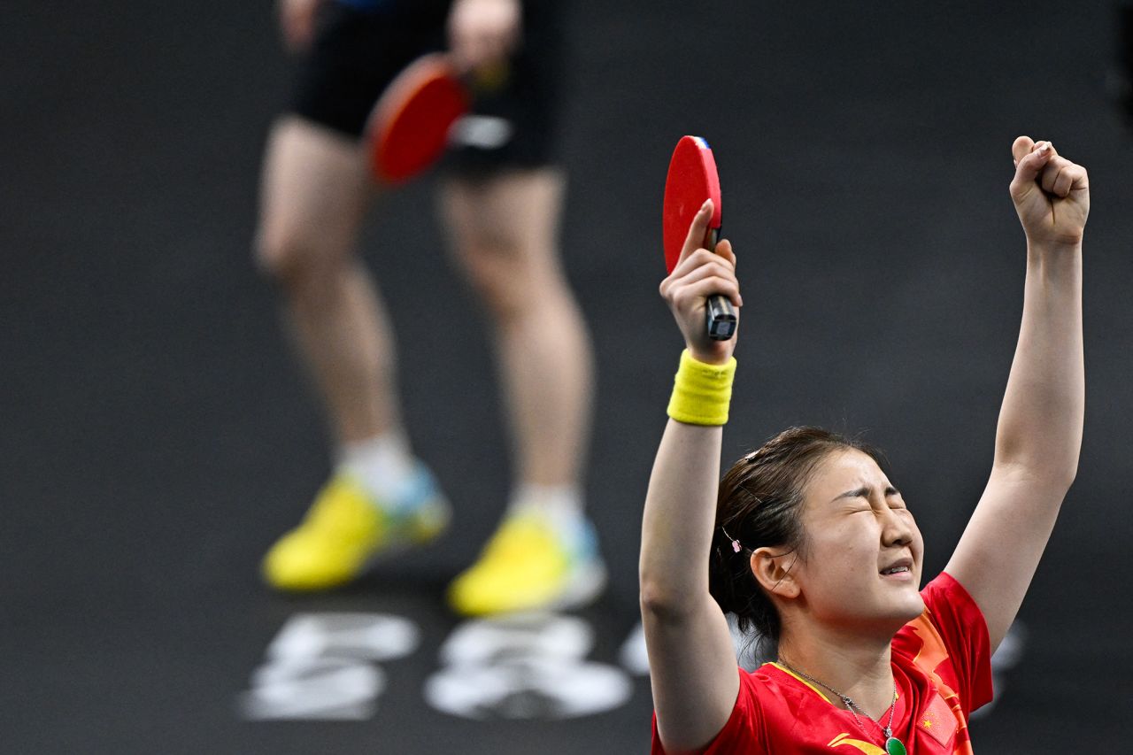 China's Chen Meng reacts after winning the women's singles table tennis match on August 3. 