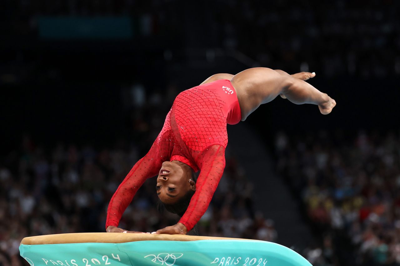 Simone Biles competes during the vault final on August 3. 