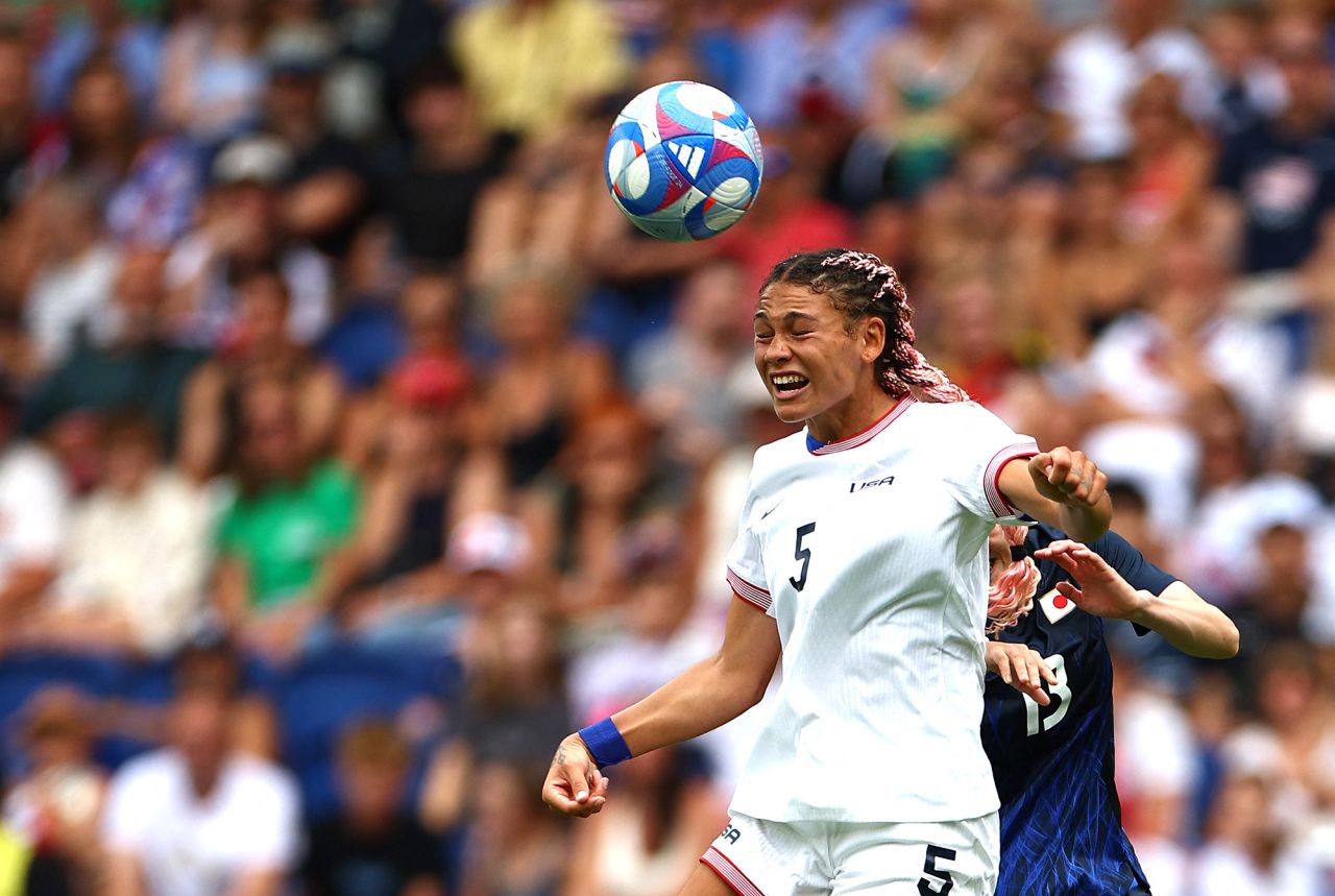 USA’s Trinity Rodman heads the ball during the match against Japan on August 3. 