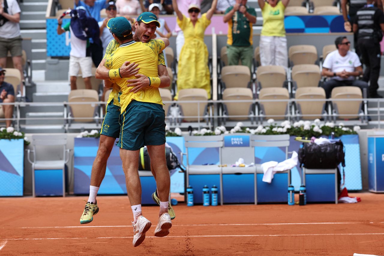 Australia’s Matthew Ebden and John Peers celebrate winning gold in the men's doubles tennis final on August 3. 