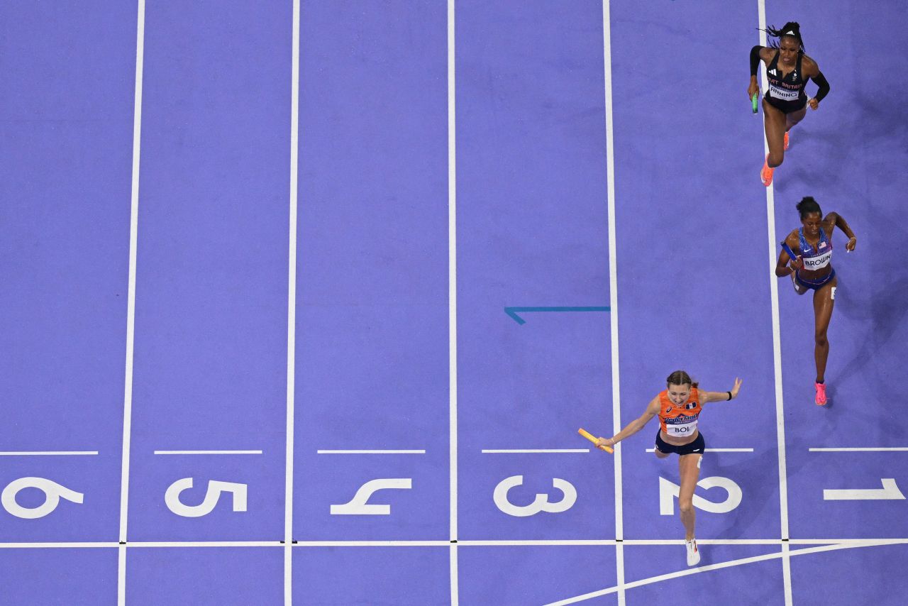 Femke Bol of the Netherlands crosses the finish line in the mixed 4x400-meter relay final Saturday. 