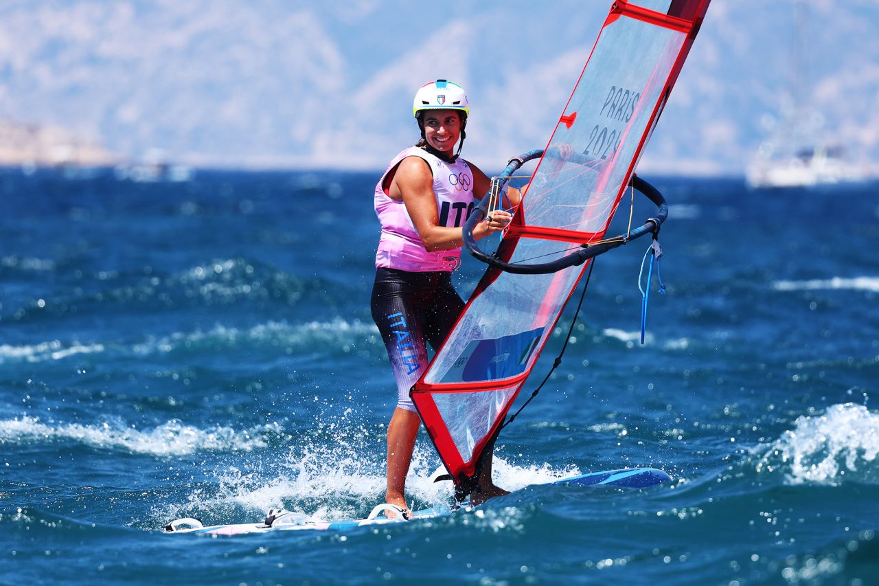 Italy's Marta Maggetti reacts to winning the gold medal in women’s windsurfing on August 3, in Marseille, France. 