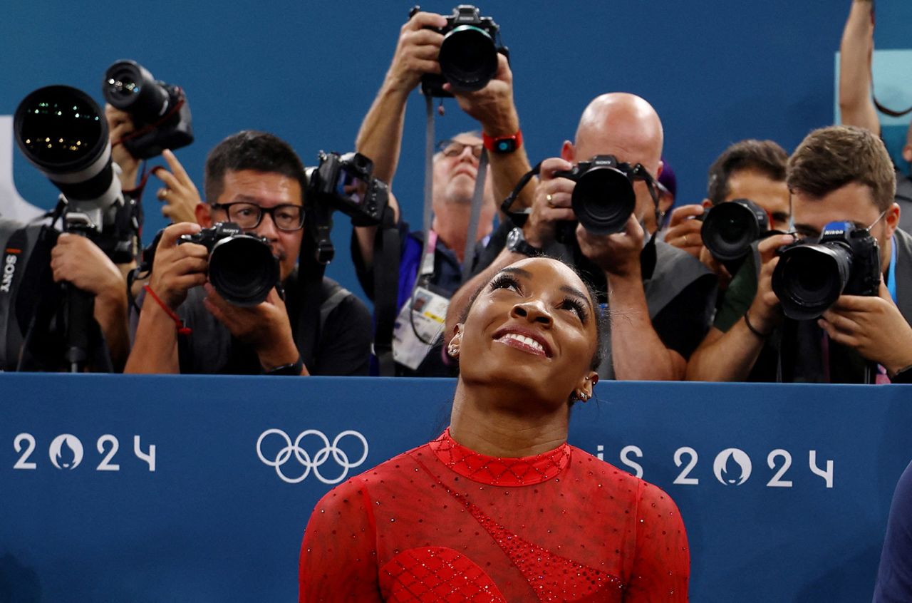 Simone Biles reacts after her performance in the individual vault final on August 3. 