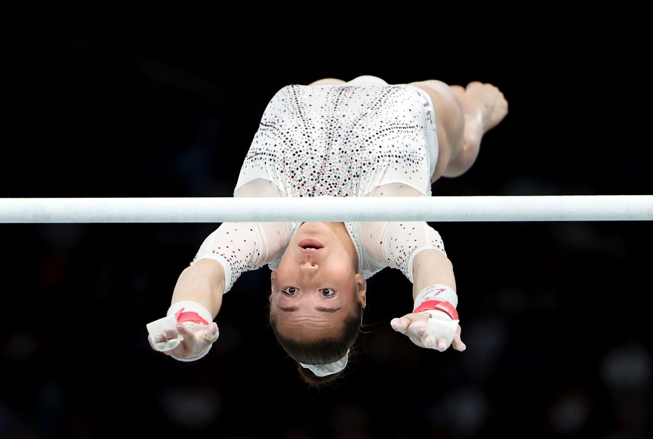 Algeria’s Kaylia Nemour competes in the women's uneven bars final on Sunday, August 4.