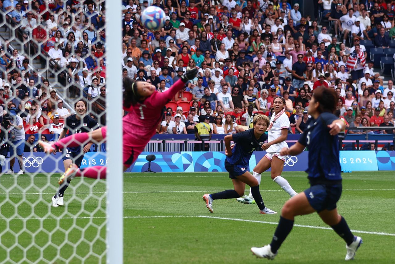 Team USA's Trinity Rodman, second from right, scores a goal during the women's quarterfinal match between USA and Japan on August 3.