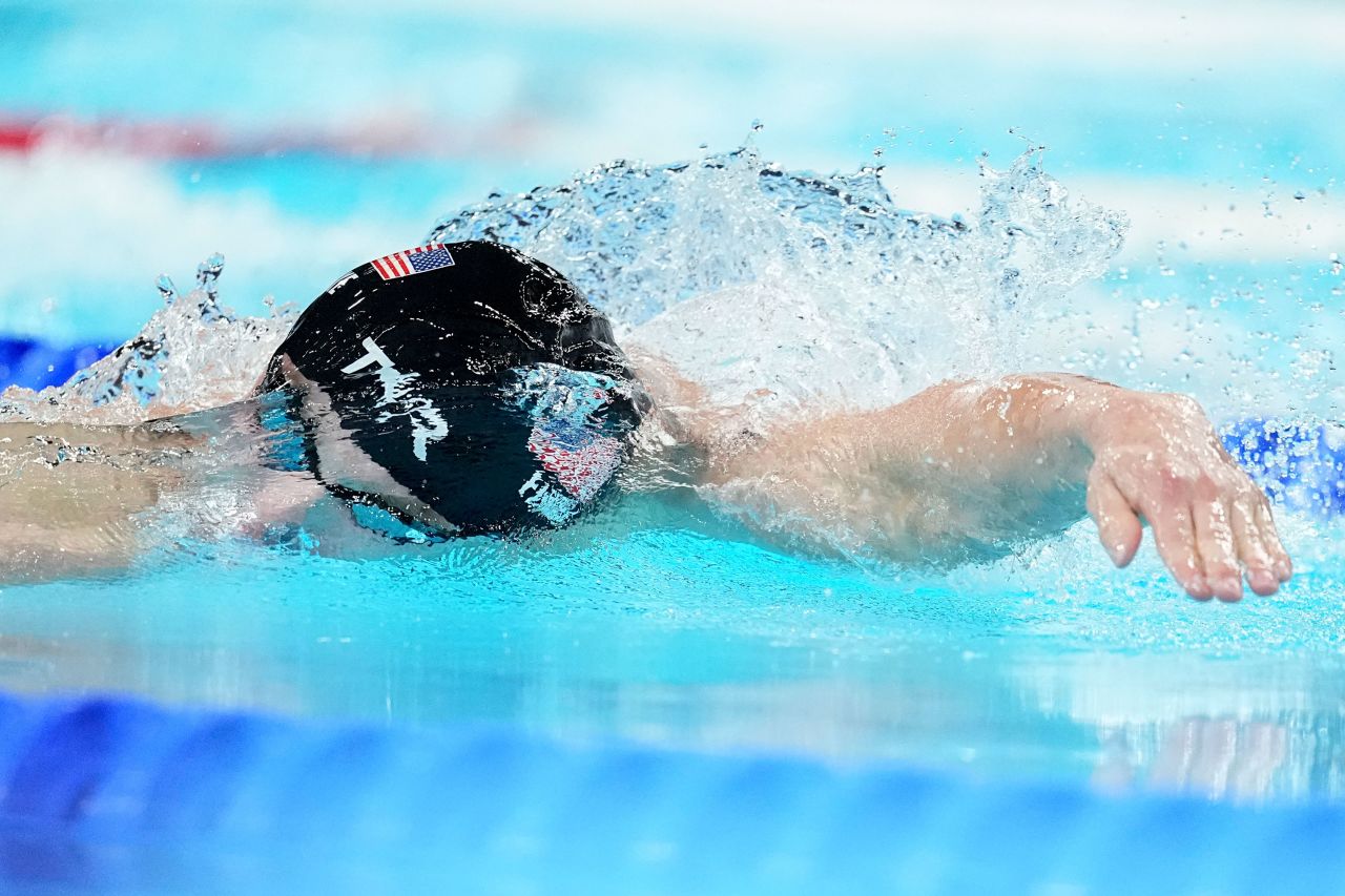 American swimmer Bobby Finke competes in the men’s 1500-meter freestyle final August 4. Finke won his third career gold medal in the race and finished with a time of 14:30.67 to smash the previous world record. 