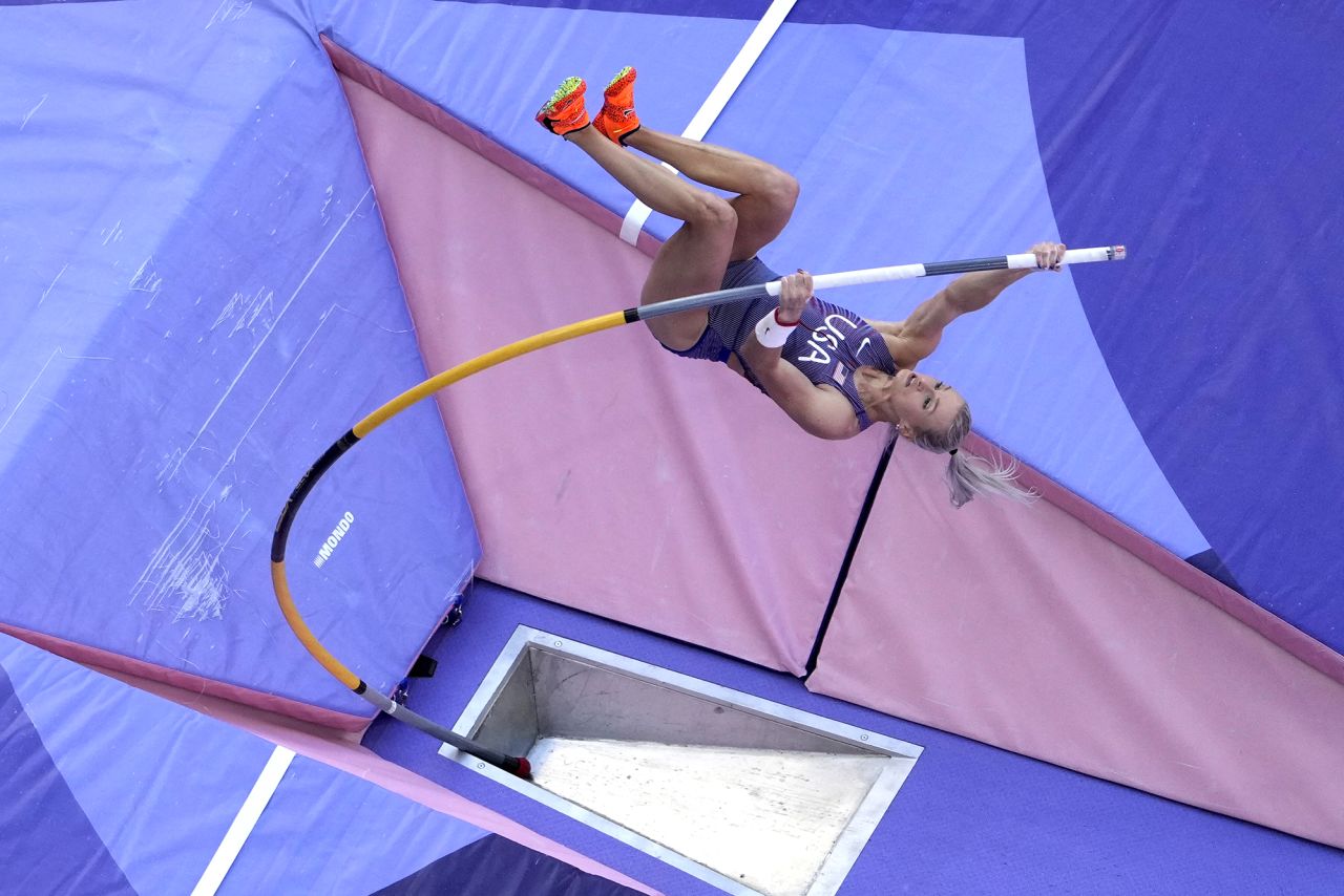 Katie Moon of the United States competes in the women's pole vault qualification at the 2024 Summer Olympics in Saint-Denis on August 5.