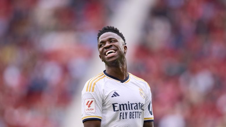 PAMPLONA, SPAIN - MARCH 16: Vinicius Junior of Real Madrid CF smiles during the LaLiga EA Sports match between CA Osasuna and Real Madrid CF at Estadio El Sadar on March 16, 2024 in Pamplona, Spain. (Photo by Ion Alcoba Beitia/Getty Images)