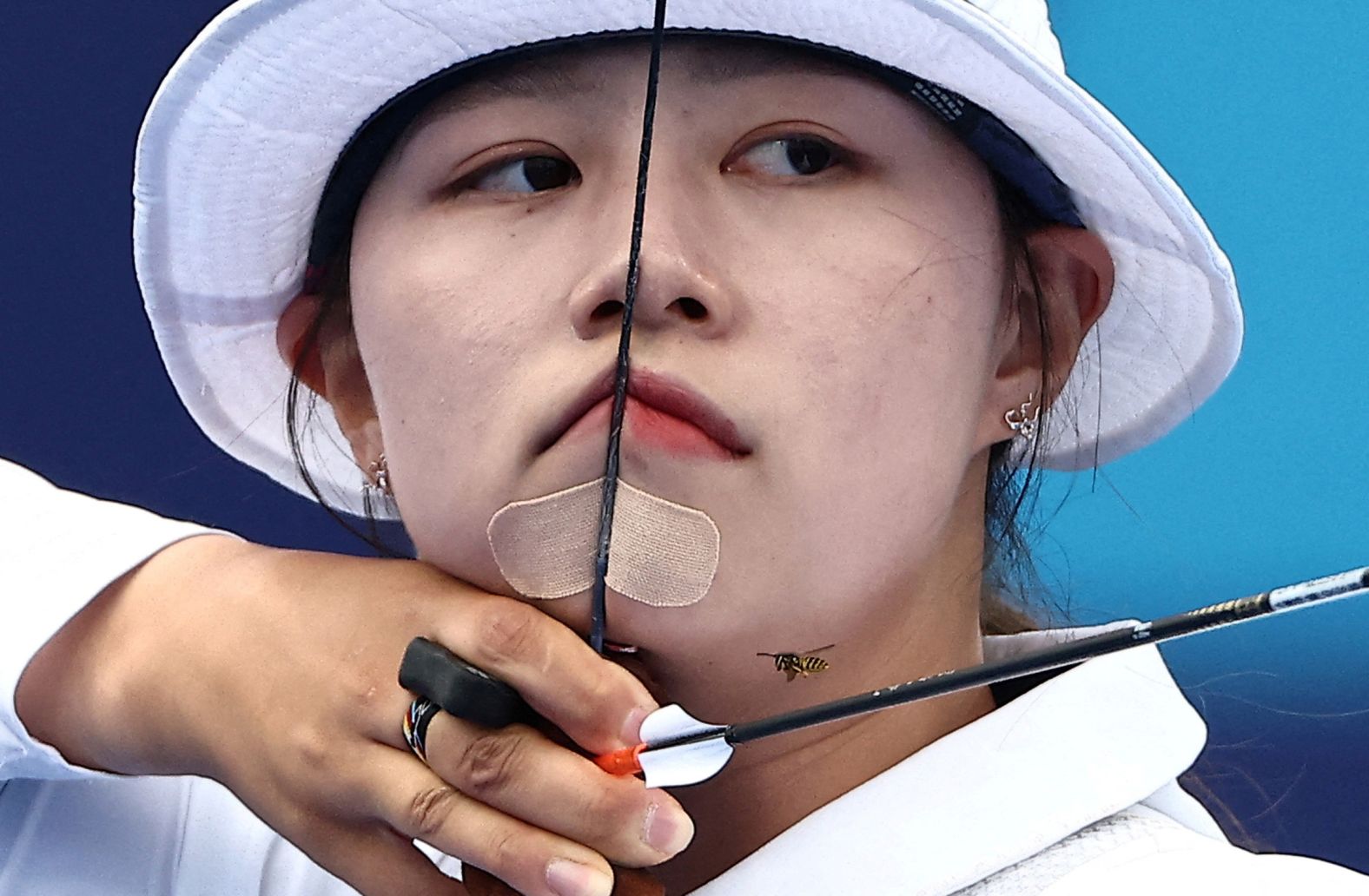 A bee flies near South Korean archer Lim Si-hyeon on August 3. <a href="https://www.cnn.com/sport/live-news/paris-olympics-news-2024-08-03#h_37b532ff67fdf499af43166393ec157c"