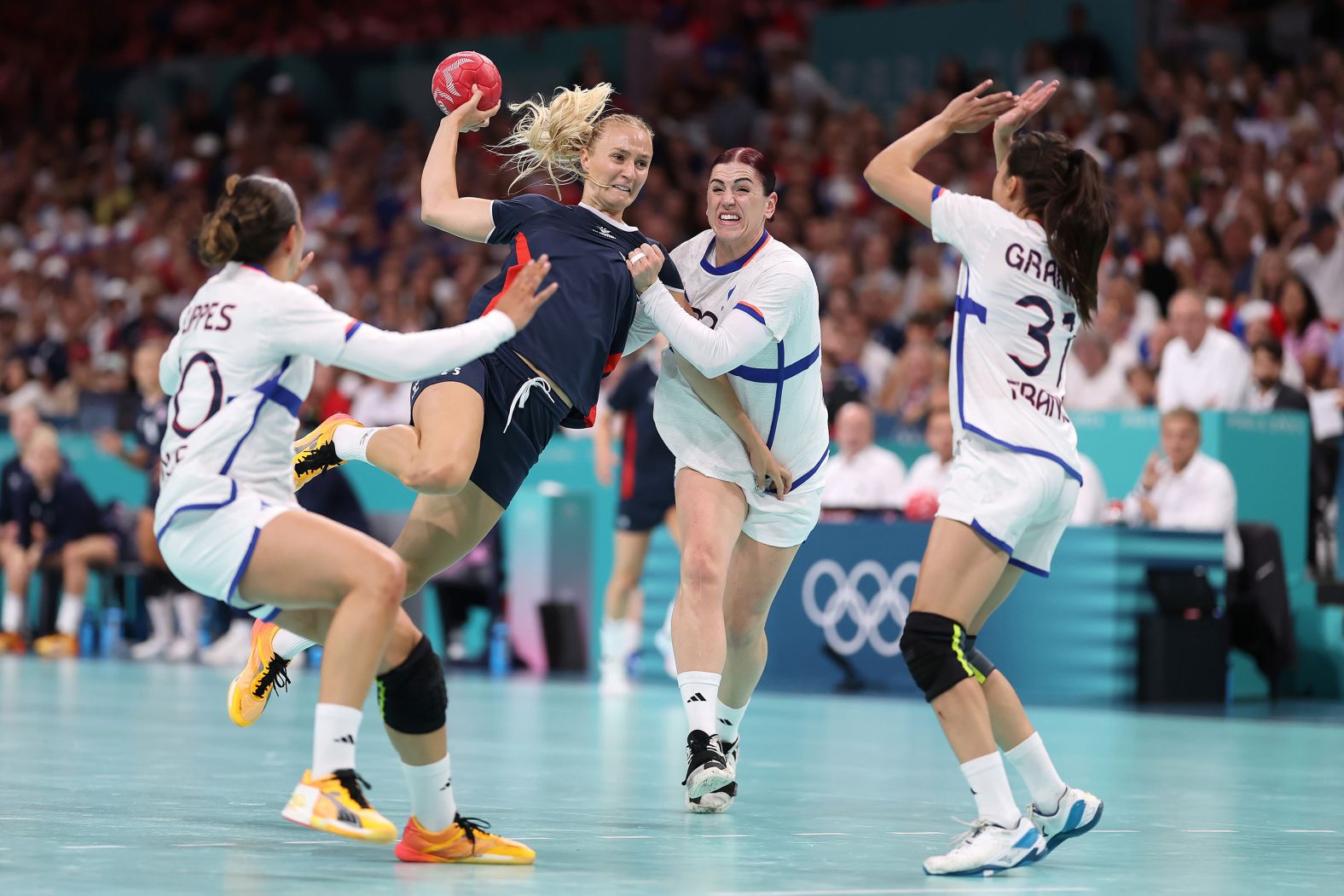 Norway’s Henny Reistad looks to shoot the ball against France during the women’s handball final on August 10. <a href="https://www.cnn.com/sport/live-news/paris-olympics-news-2024-08-10#h_76dd6a68c7ba943ea79926671e961231"