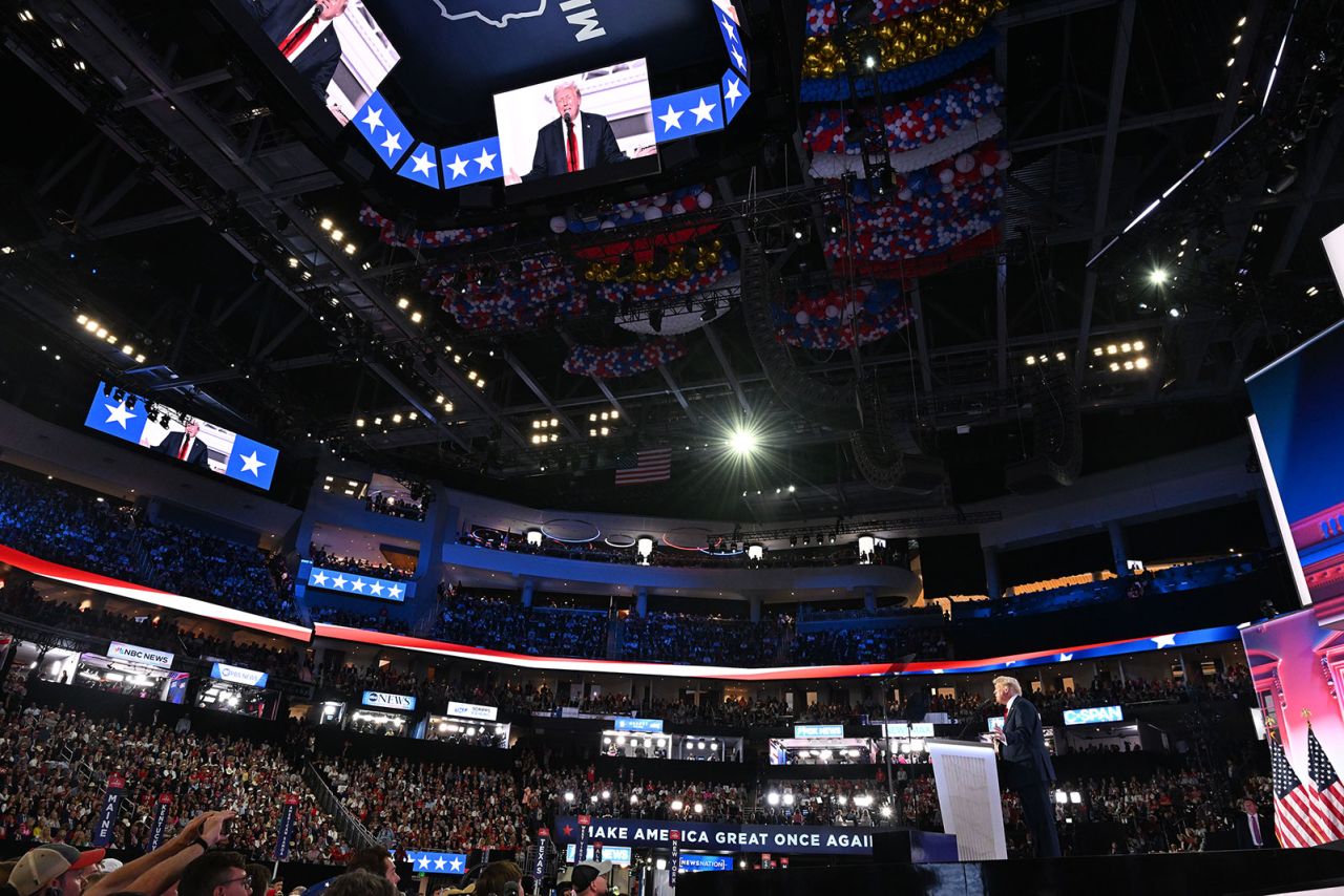 Former President Donald Trump speaks during the Republican National Convention on Thursday, July 18, in Milwaukee.