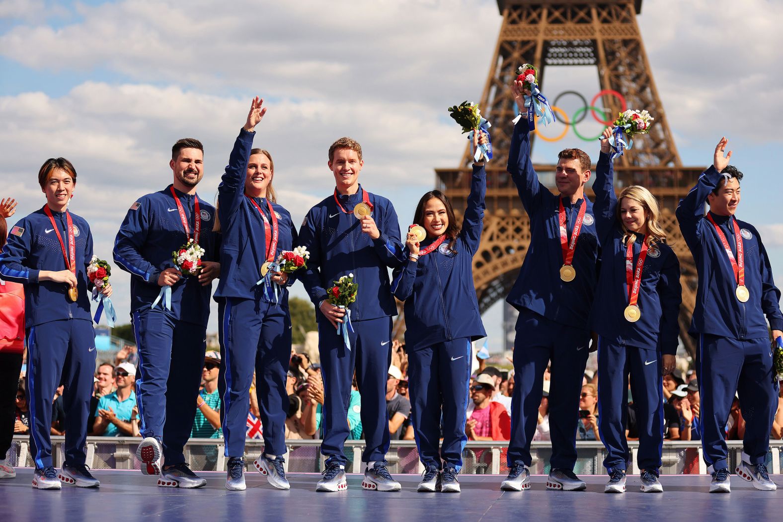 Members of the US Olympic figure skating team pose for a photo on August 7 after receiving gold medals for their performance in the 2022 Winter Games. <a href="https://www.cnn.com/sport/live-news/paris-olympics-news-2024-08-07#h_78d228036e827a9265a95643e494f528"