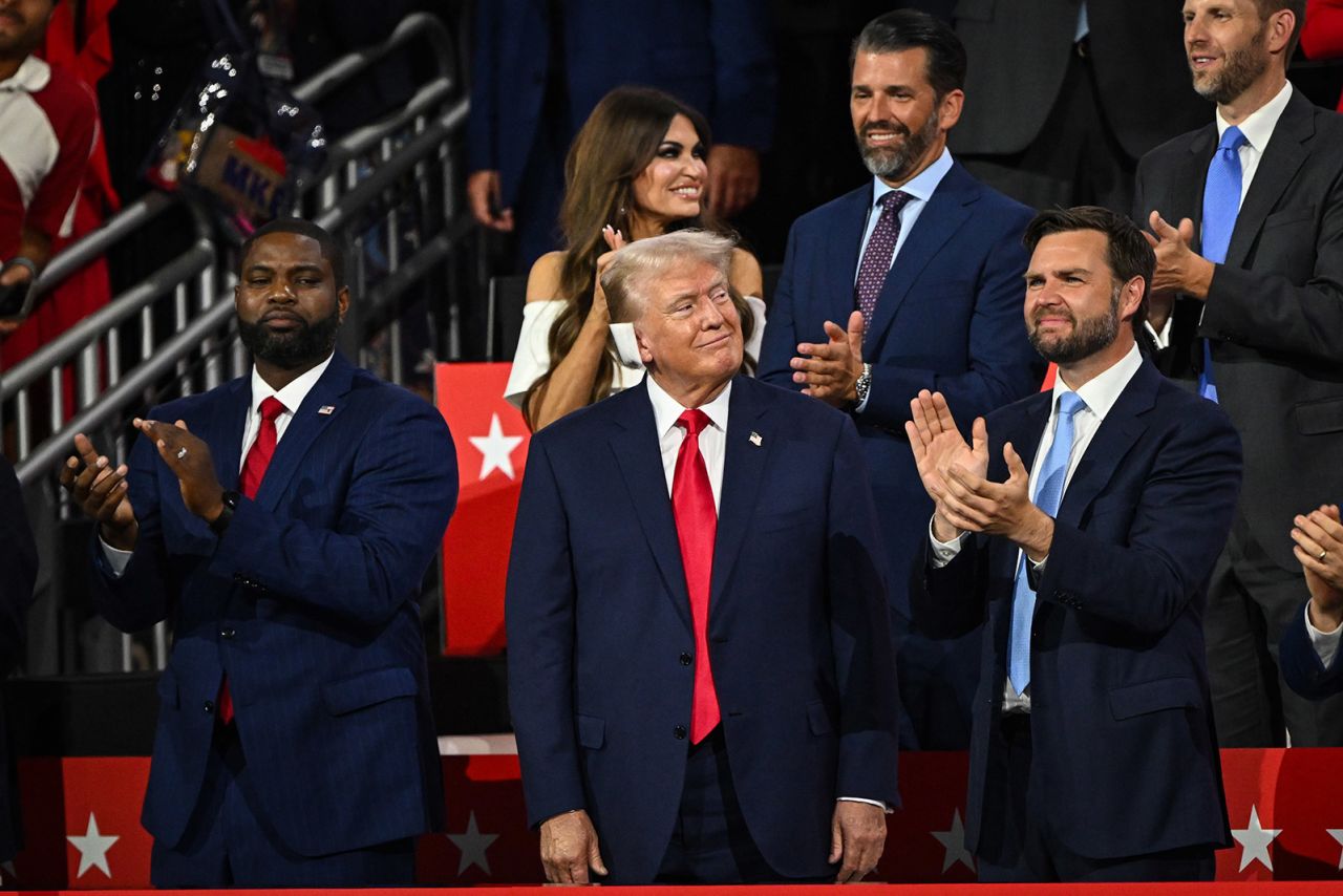 Rep. Byron Donalds joins Republican presidential candidate Donald Trump and Republican vice presidential candidate JD Vance during the first day of the 2024 Republican National Convention on July 15. 