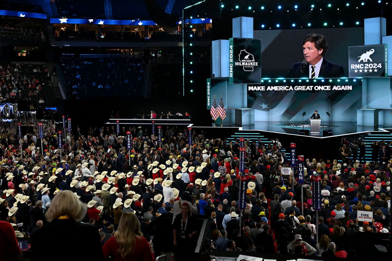 Tucker Carlson speaks during the Republican National Convention on Thursday, July 18, in Milwaukee.