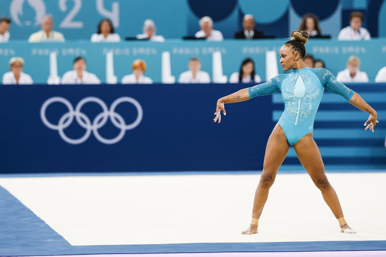 Rebeca Andrade of Brazil competes during women's floor exercise final of the artistic gymnastics on Bercy Arena on August 5.