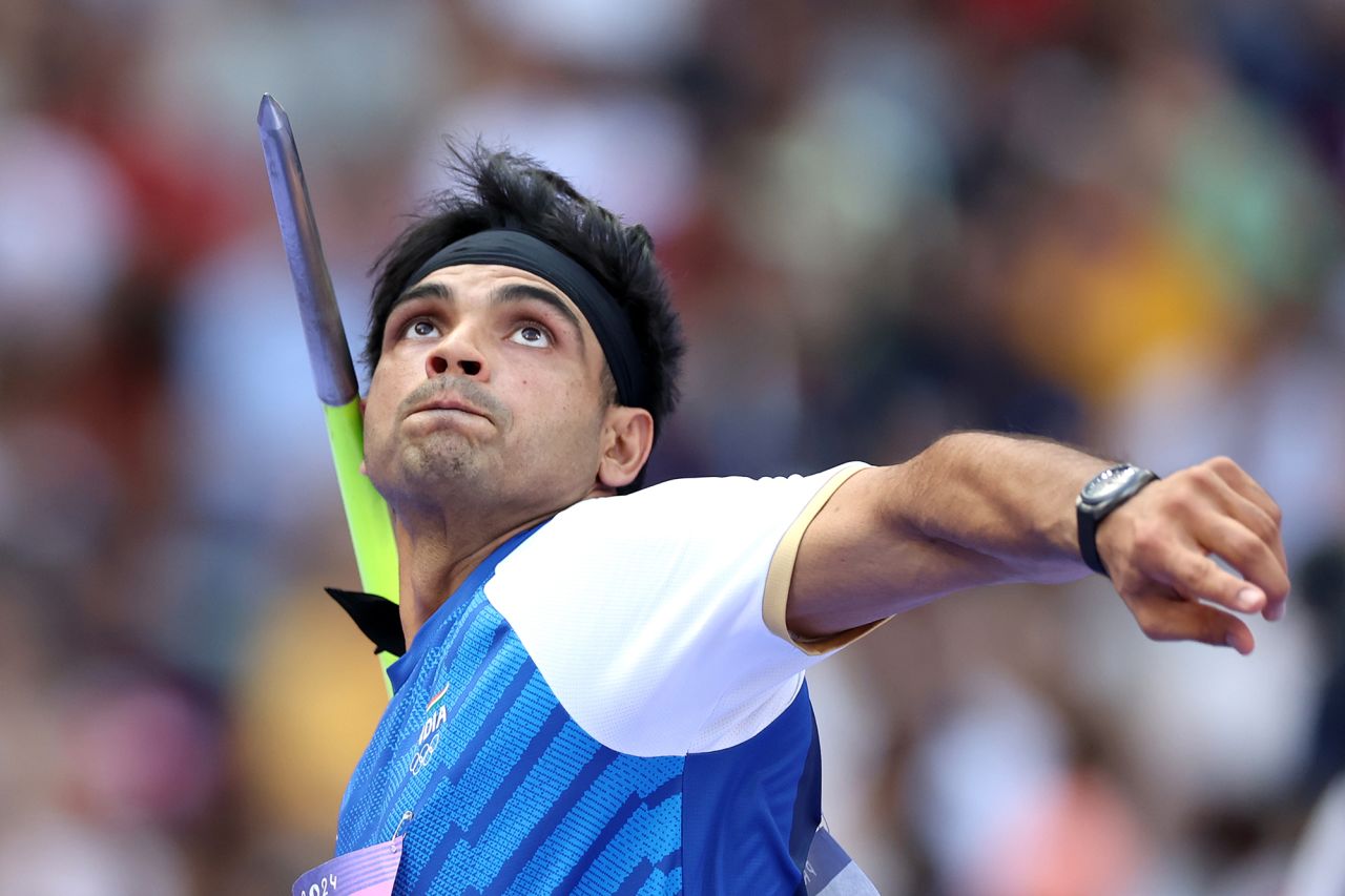 Neeraj Chopra of Team India competes during the men's javelin throw qualification on day eleven of the Olympic Games Paris 2024 at Stade de France on August 6.