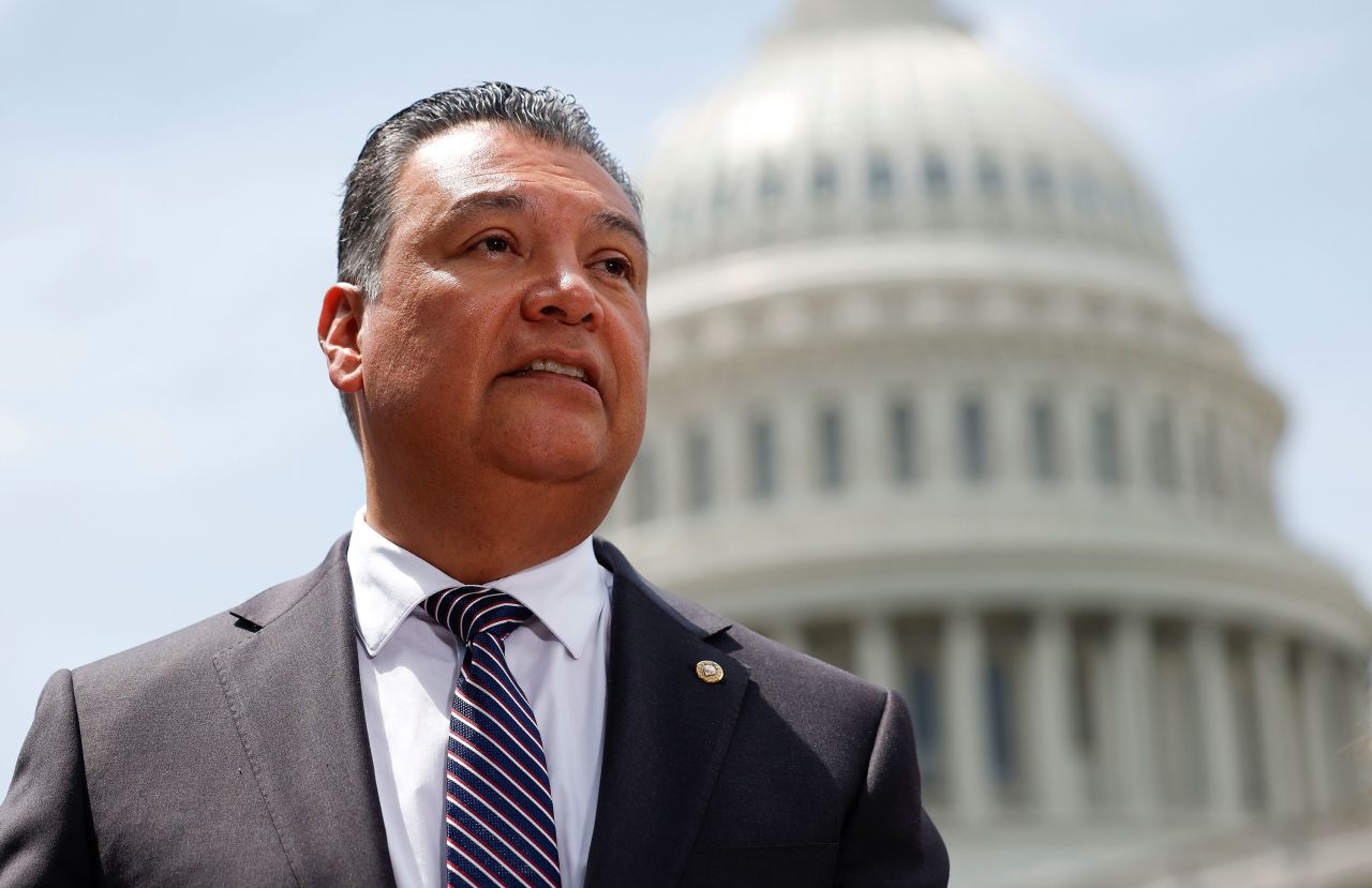 Sen. Alex Padilla speaks to the press outside the US Capitol in May.