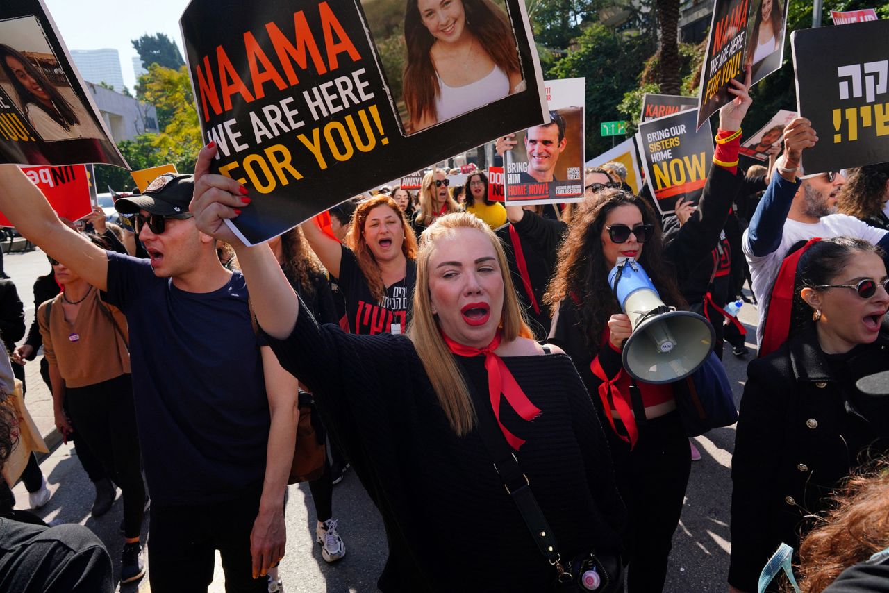 Families of hostages and supporters march in Tel Aviv, Israel, on January 19.