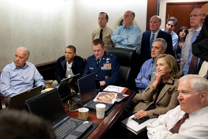 Biden sits with Obama and members of Obama's national security team as they monitor <a href="http://www.cnn.com/2016/04/30/politics/obama-osama-bin-laden-raid-situation-room/" target="_blank"