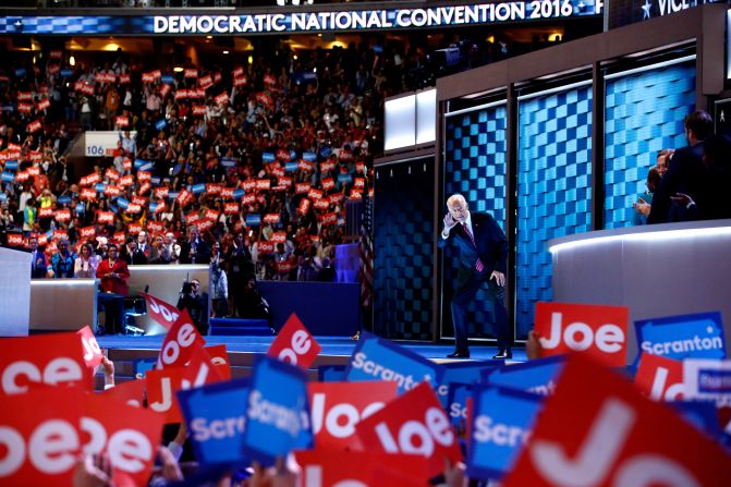 Biden waves to the crowd before speaking at the <a href="http://www.cnn.com/2016/07/25/politics/gallery/democratic-convention/index.html" target="_blank"