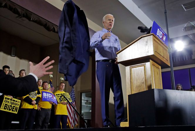 Biden tosses his jacket off stage as he begins to speak at a rally in Pittsburgh in April 2019. Days earlier, he announced that <a href="https://www.cnn.com/2019/04/25/politics/joe-biden-2020-president/index.html" target="_blank"