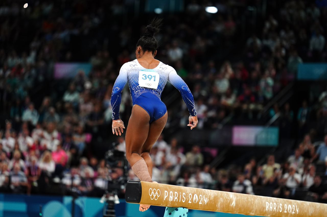 USA's Simone Biles falls from the beam during the women's balance beam final at the Bercy Arena on the tenth day of the 2024 Paris Olympic Games in France, on August 5.