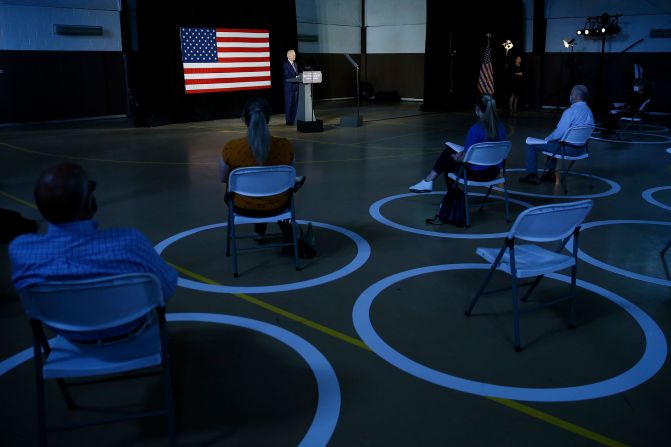 People are socially distanced from one another as Biden speaks in Darby, Pennsylvania, in June 2020.