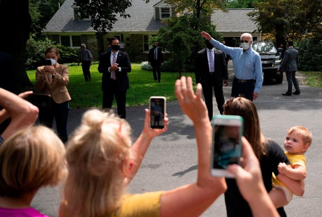 Biden speaks to supporters from a distance after meeting with labor leaders in Lancaster, Pennsylvania, in September 2020. Because of the coronavirus pandemic, Biden has taken <a href="https://www.cnn.com/2020/09/15/politics/gallery/trump-biden-2020-campaigns/index.html" target="_blank"