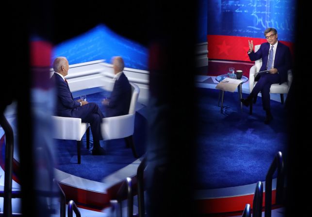 Biden sits across from ABC News' George Stephanopoulos before the start of his town-hall event in Philadelphia in October 2020. Biden and Trump held <a href="https://www.cnn.com/2020/10/15/politics/nbc-abc-dueling-town-halls/index.html" target="_blank"