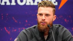 Kansas City Chiefs place kicker Harrison Butker (7) talks to the media during Super Bowl LVIII Opening Night at Allegiant Stadium in Las Vegas on February 5, 2024.