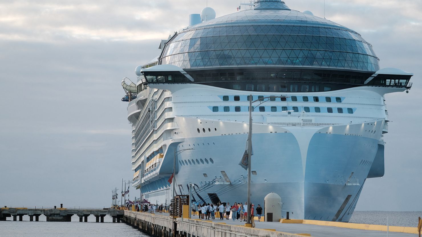 Passengers leave Royal Caribbean's Icon of the Seas, the largest cruise ship in the world, after arriving at Costa Maya Cruise Port on February 6, 2024.