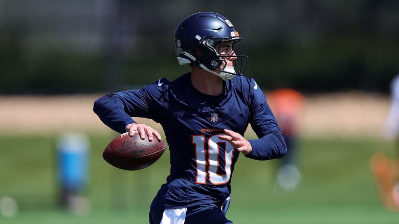 May 23, 2024; Englewood, CO, USA; Denver Broncos quarterback Bo Nix (10) during organized team activities at Centura Health Training Center.