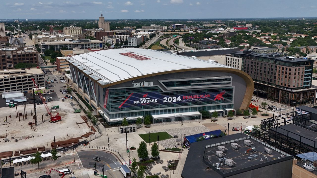 The Fiserv Forum, site of the 2024 Republican National Convention in Milwaukee, Wisconsin, is seen on July 11, 2024.