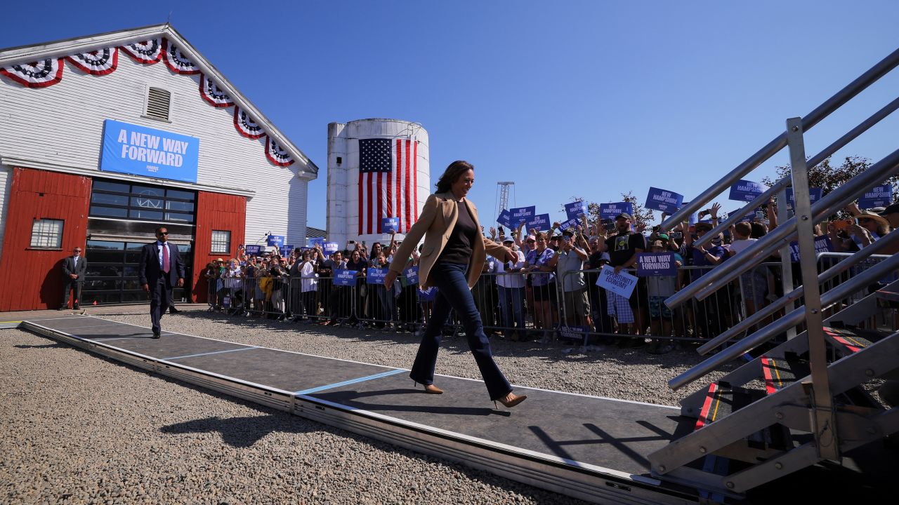 Democratic presidential nominee and U.S. Vice President Kamala Harris walks as she attends a campaign stop in North Hampton, New Hampshire, U.S. September 4, 2024.