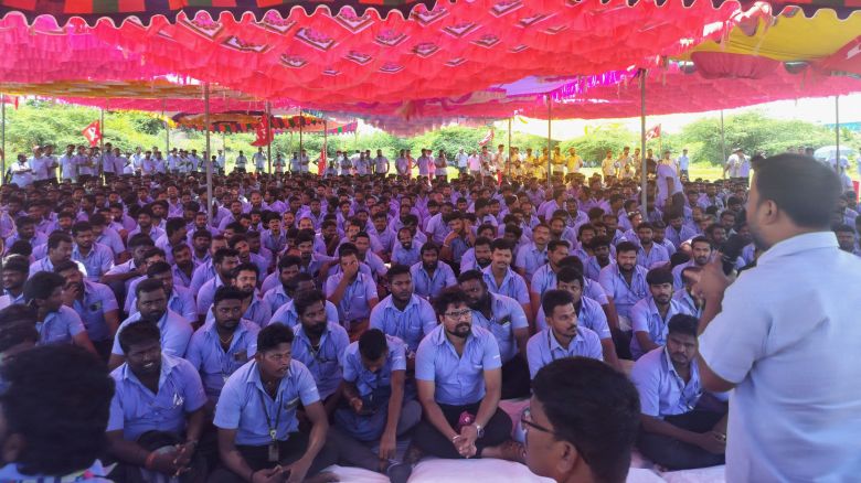 Workers of a Samsung facility launch strike to demand higher wages at its Sriperumbudur plant near the city of Chennai, India on September 10, 2024.