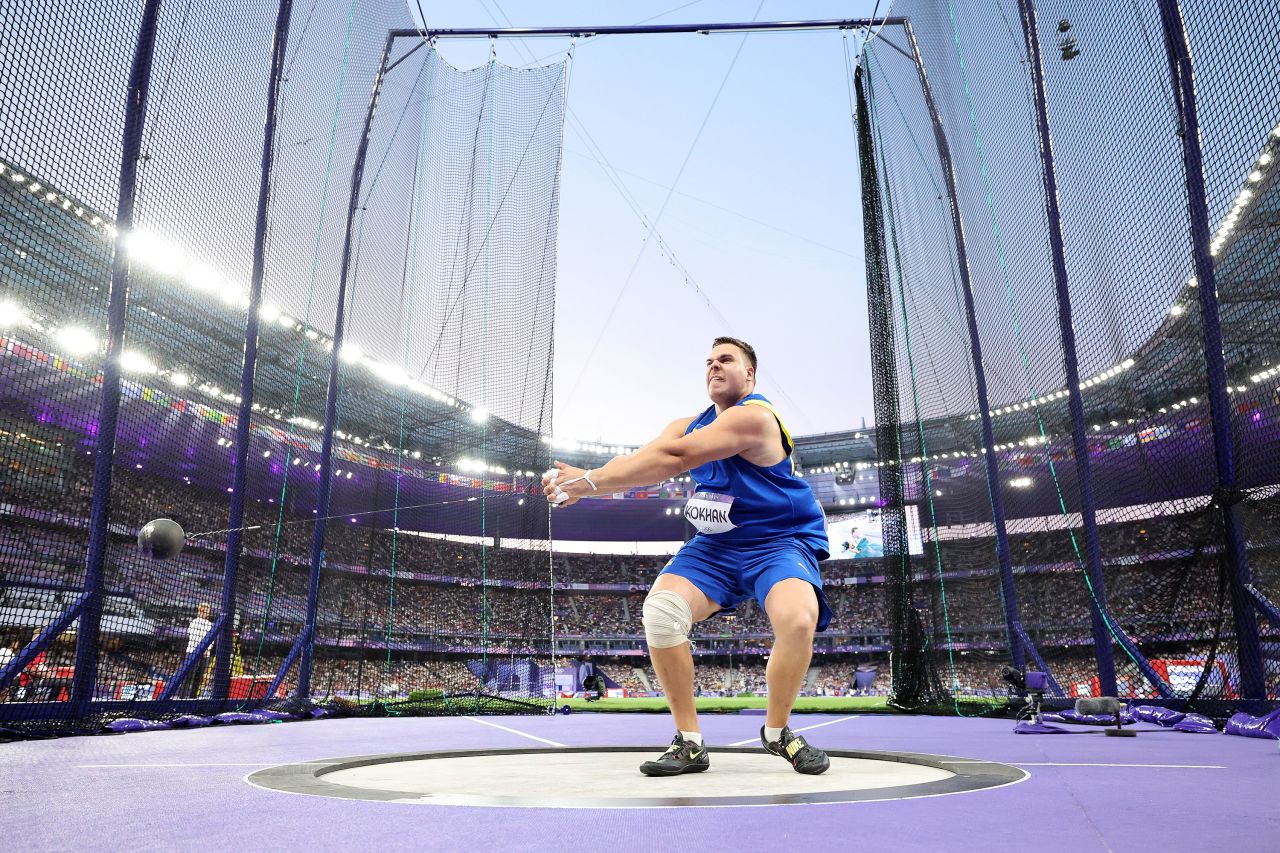 Ukraine's Mykhaylo Kokhan competes in the men's hammer throw final Sunday evening. 