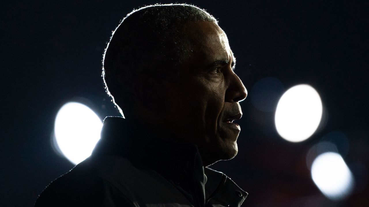 DETROIT, MI - OCTOBER 31: Former President Barack Obama speaks during a drive-in campaign rally with Democratic presidential nominee Joe Biden at Belle Isle on October 31, 2020 in Detroit, Michigan. Biden is campaigning with Obama on Saturday in Michigan, a battleground state that President Donald Trump narrowly won in 2016. (Photo by Drew Angerer/Getty Images)