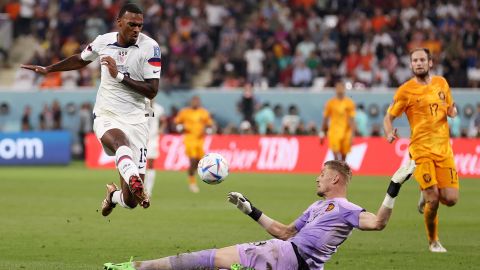 Haji Wright of United States is challenged by Andries Noppert of Netherlands during the FIFA World Cup Qatar 2022 Round of 16 match between Netherlands and USA at Khalifa International Stadium on December 03, 2022 in Doha, Qatar. 